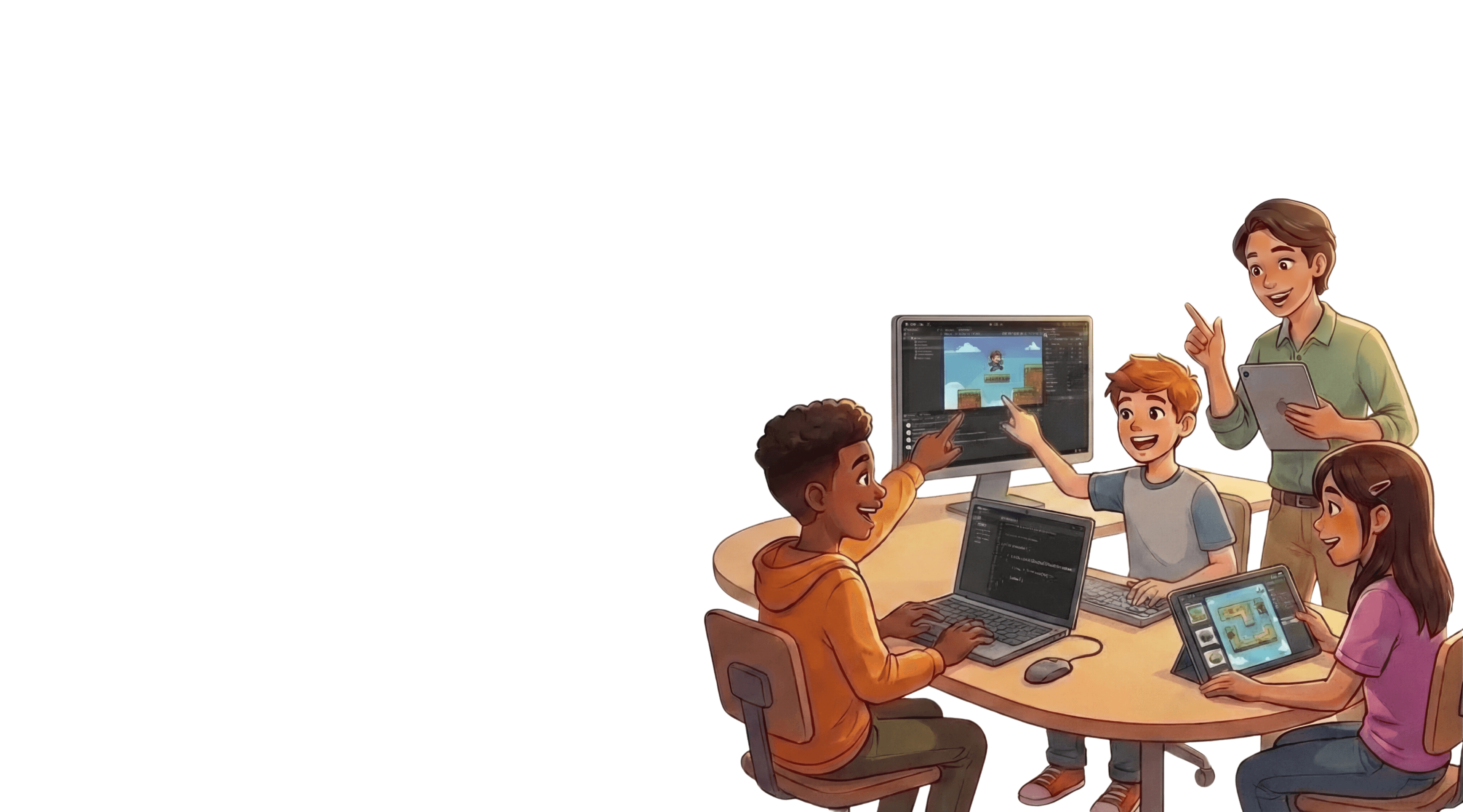 Students and a teacher collaborating around computers while building games