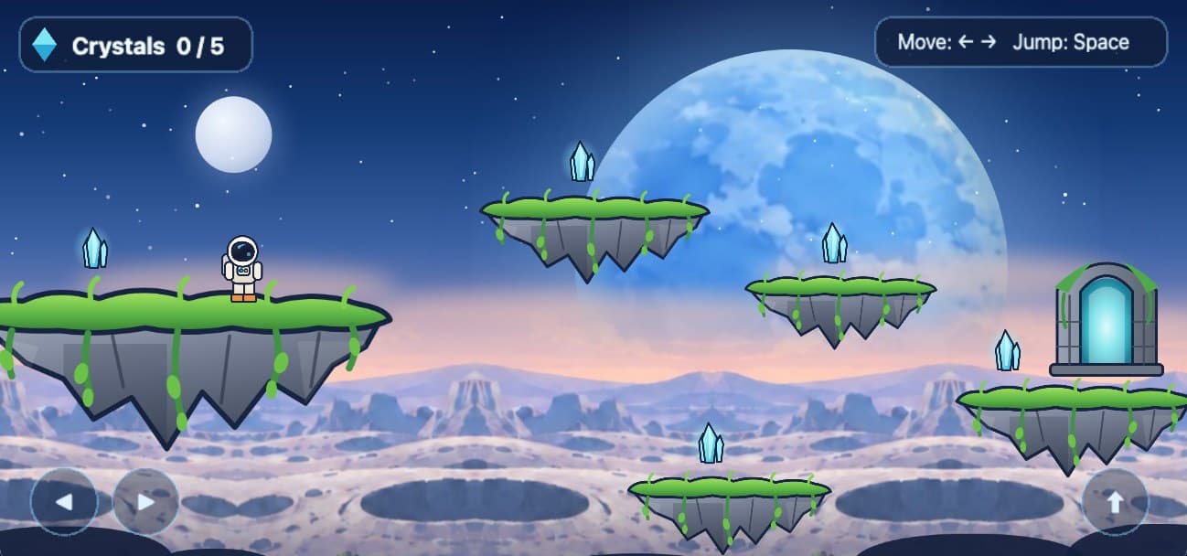 Moon Meadow, a 2D world running in GameCoder: an astronaut jumps between floating platforms to collect crystals