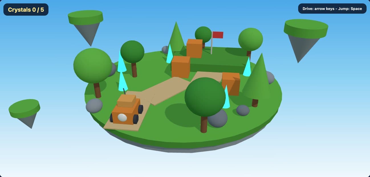 Crystal Island, a 3D world running in GameCoder: a floating island with trees, crates, a flag and a little truck